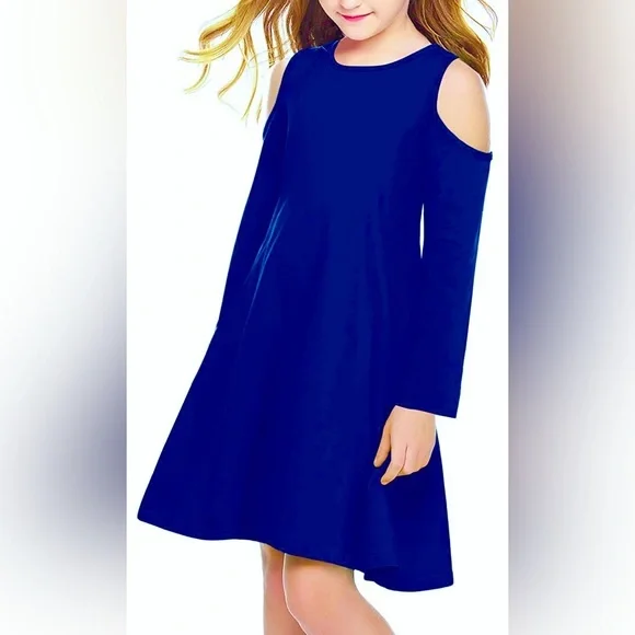 Dresses | Royal Blue Long Sleeve Cold Shoulder Swing Casual Dress | Poshmark